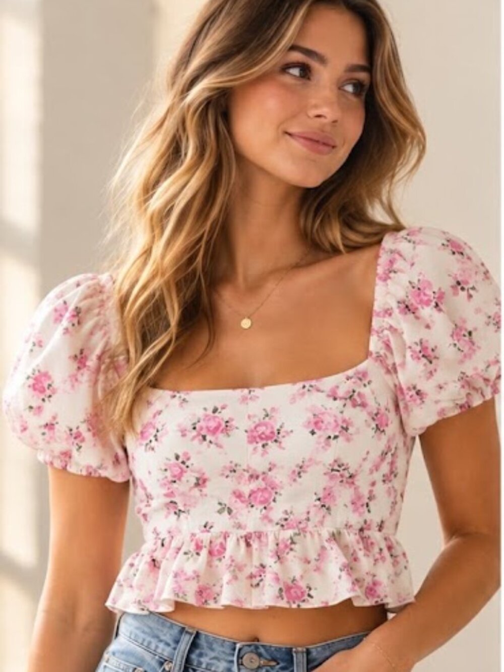 Altar’d State Pink Floral Puff Sleeve Tie-Front Peplum Top – Size M